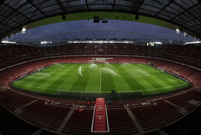 Framed Print : Pre-Match Pitch Preparation at Emirates Stadium: Arsenal vs Leicester City, 2015