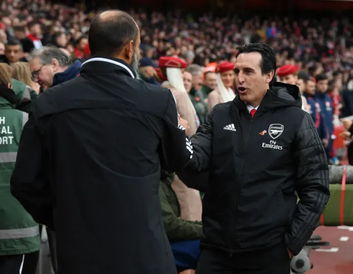 Framed Print : Premier League 2019: Unai Emery and Nuno Espirito Santo's Pre-Match Greeting - Arsenal vs. Wolverhampton Wanderers