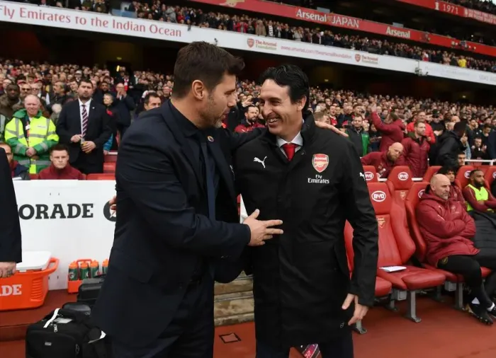 Framed Print : Premier League Rivals Unite: Emery and Pochettino's Pre-Match Encounter at Arsenal's Emirates Stadium Framed Print : Premier League Rivals Unite: Emery and Pochettino's Pre-Match Encounter at Arsenal's Emirates Stadium