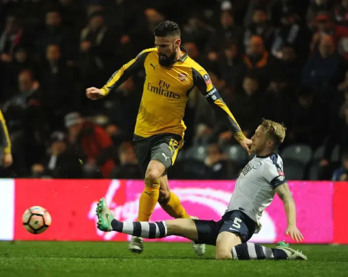 Framed Print : Preston North End vs Arsenal: Olivier Giroud Faces Off Against Tom Clarke in FA Cup Clash