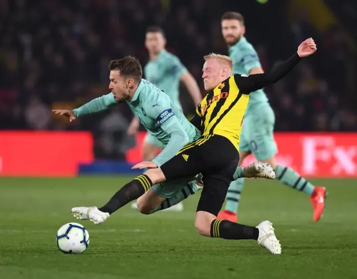 Framed Print : Ramsey Breaks Past Hughes: Watford vs. Arsenal, Premier League 2018-19
