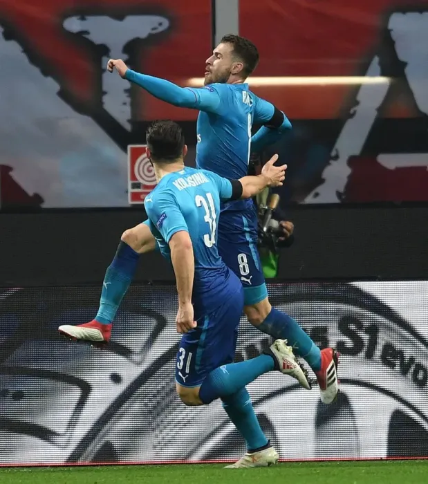 Framed Print : Ramsey and Kolasinac Celebrate Arsenal's Europa League Goals Against AC Milan