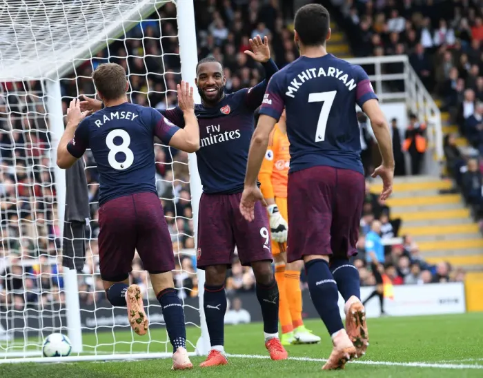 Framed Print : Ramsey and Lacazette Celebrate Arsenal's Goals Against Fulham (2018-19) Framed Print : Ramsey and Lacazette Celebrate Arsenal's Goals Against Fulham (2018-19)