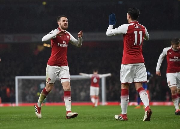 Ramsey and Ozil Celebrate Goals: Arsenal vs. Everton, Premier League 2017-18
