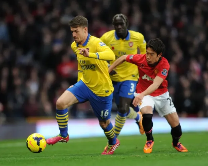 Framed Print : Ramsey Surges Past Kagawa: Manchester United vs. Arsenal, Premier League, 2013 Framed Print : Ramsey Surges Past Kagawa: Manchester United vs. Arsenal, Premier League, 2013