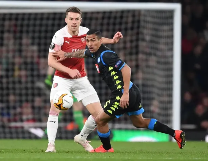 Framed Print : Ramsey vs. Allan: A Battle of Midfield Masters in Arsenal vs. Napoli Europa League Quarterfinal (2018-19) Framed Print : Ramsey vs. Allan: A Battle of Midfield Masters in Arsenal vs. Napoli Europa League Quarterfinal (2018-19)
