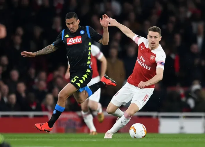 Framed Print : Ramsey vs. Allan: A Midfield Battle of Europa League Titans - Arsenal vs. Napoli