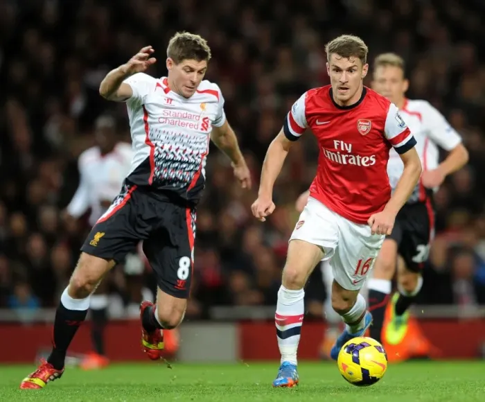 Framed Print : Ramsey vs. Gerrard: Clash of the Midfield Titans - Arsenal vs. Liverpool, Premier League, 2013