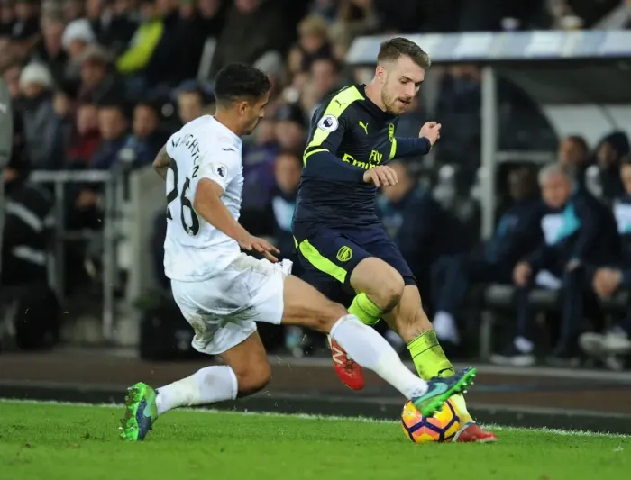 Framed Print : Ramsey vs Naughton: Intense Battle in Swansea City vs Arsenal Premier League Clash