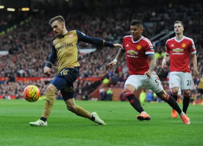 Framed Print : Ramsey vs Rojo: A Footballing Battle at Old Trafford - Premier League 2015 / 16: Arsenal's Ramsey Outmuscles United's Rojo Framed Print : Ramsey vs Rojo: A Footballing Battle at Old Trafford - Premier League 2015 / 16: Arsenal's Ramsey Outmuscles United's Rojo
