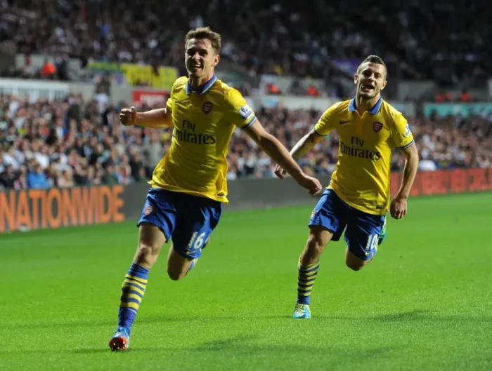 Framed Print : Ramsey and Wilshere: Celebrating Arsenal's Victory at Swansea (2013-14)
