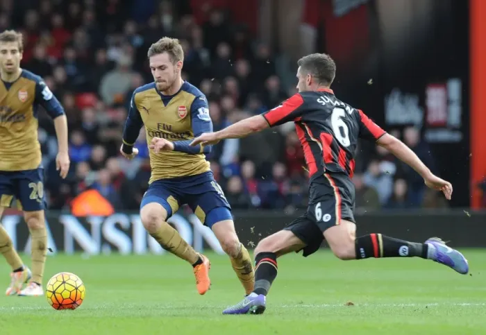Framed Print : Ramsey's Powerful Surge: Arsenal's Midfield Maestro Outmaneuvers Surman in Bournemouth Clash, Premier League 2015-16 Framed Print : Ramsey's Powerful Surge: Arsenal's Midfield Maestro Outmaneuvers Surman in Bournemouth Clash, Premier League 2015-16
