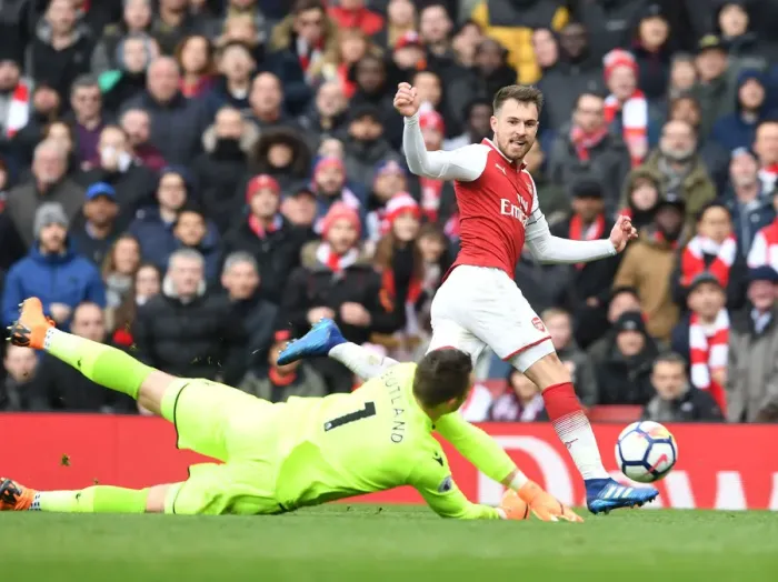Framed Print : Ramsey's Shot Saved by Butland: Arsenal vs Stoke City, Premier League