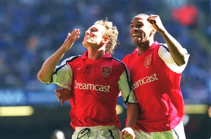 Framed Print : Ray Parlour and Thierry Henry: Arsenal's Unforgettable FA Cup Final Goal Celebration vs. Chelsea (4-5-2002, Arsenal 2:0, The Millennium Stadium, Cardiff, Wales)