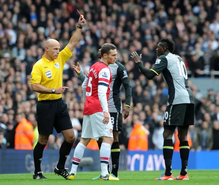 Framed Print : Red Card Drama: Adebayor Dismissed as Arsenal Face Tottenham in Premier League Clash Framed Print : Red Card Drama: Adebayor Dismissed as Arsenal Face Tottenham in Premier League Clash