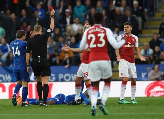 Framed Print : Red Card for Mavropanos: Leicester City vs. Arsenal, Premier League 2017-18