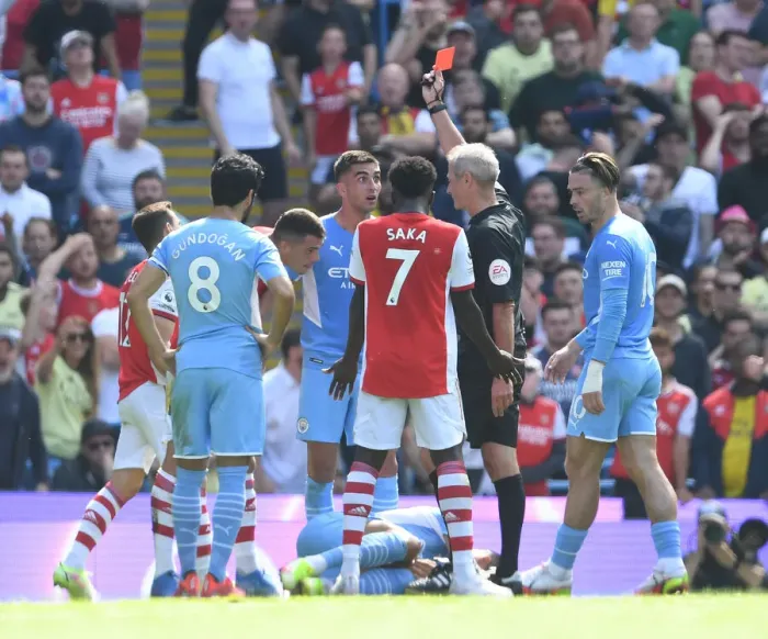 Framed Print : Red Card for Xhaka: Manchester City vs. Arsenal, Premier League 2021-22