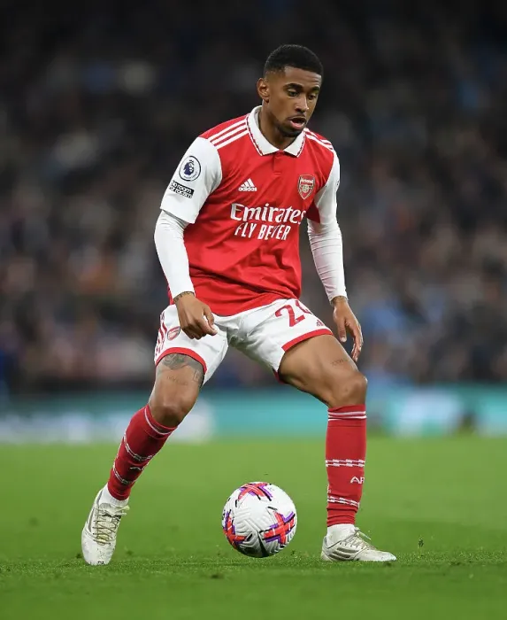 Framed Print : Reiss Nelson Faces Manchester City: Arsenal's Premier League Battle (2022-23)