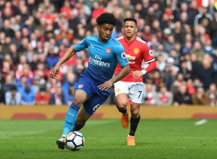 Framed Print : Reiss Nelson Faces Manchester United: Arsenal vs. Manchester United, Premier League 2017-18