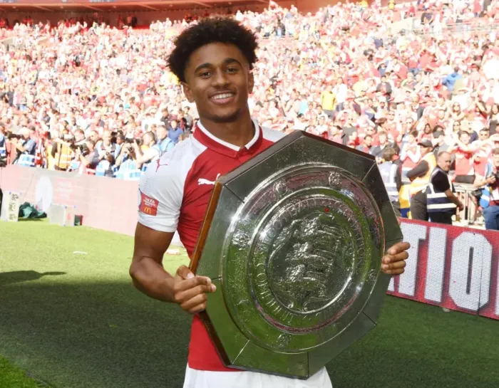 Framed Print : Reiss Nelson Lifts FA Community Shield: Arsenal's Victory over Chelsea (2017-18)