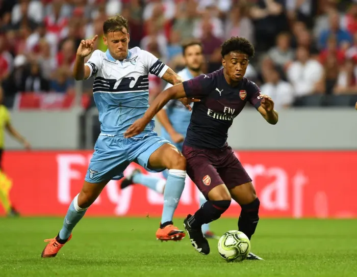 Framed Print : Reiss Nelson vs Alessandro Murgia: A Football Showdown at the Arsenal vs SS Lazio Pre-Season Match, 2018