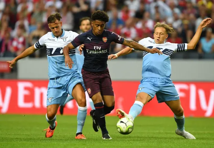 Framed Print : Reiss Nelson vs. Alessandro Murgia and Lucas Leiva: Arsenal's Pre-Season Battle with SS Lazio in Stockholm Framed Print : Reiss Nelson vs. Alessandro Murgia and Lucas Leiva: Arsenal's Pre-Season Battle with SS Lazio in Stockholm
