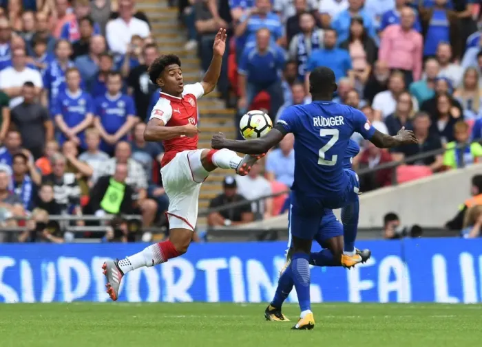Framed Print : Reiss Nelson vs. Antonio Rudiger: Clash at the FA Community Shield (Arsenal vs. Chelsea, 2017-18)