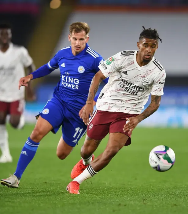 Framed Print : Reiss Nelson vs Marc Albrighton: A Carabao Cup Showdown - Leicester City vs Arsenal Framed Print : Reiss Nelson vs Marc Albrighton: A Carabao Cup Showdown - Leicester City vs Arsenal