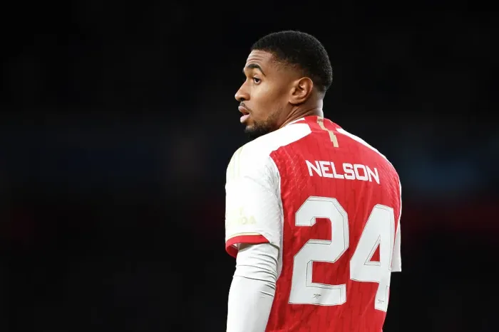 Framed Print : Reiss Nelson's Unwavering Concentration: Arsenal vs Sevilla, UEFA Champions League 2023 / 24
