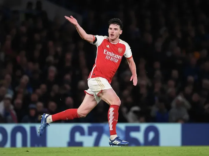 Framed Print : Rice's Stunner: Arsenal Takes the Lead in Premier League Clash Against Chelsea (2023-24)