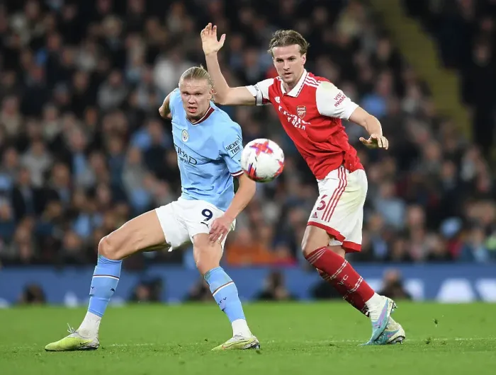 Framed Print : Rivalry Renewed: Holding Stands Firm Against Haaland in Manchester City vs. Arsenal Clash (Premier League 2022-23) Framed Print : Rivalry Renewed: Holding Stands Firm Against Haaland in Manchester City vs. Arsenal Clash (Premier League 2022-23)