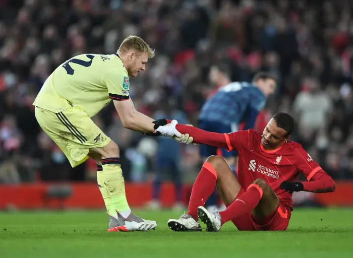 Framed Print : Rivalry Revisited: Ramsdale Comforts Matip Amid Tense Carabao Cup Semi-Final
