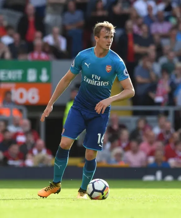 Framed Print : Rob Holding (Arsenal). Liverpool 4: 0 Arsenal. Premier League. Anfield, Liverpool, 27  /  8  /  17
