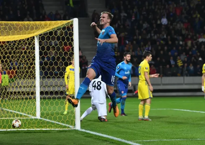 Framed Print : Rob Holding Scores as Arsenal Thrash BATE Borisov in Europa League Framed Print : Rob Holding Scores as Arsenal Thrash BATE Borisov in Europa League