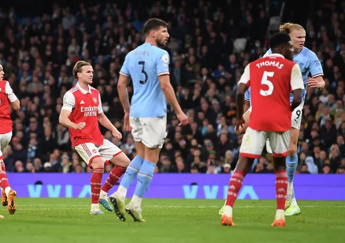 Framed Print : Robby Holding Scores the Upset: Manchester City vs. Arsenal in the Premier League (April 2023)