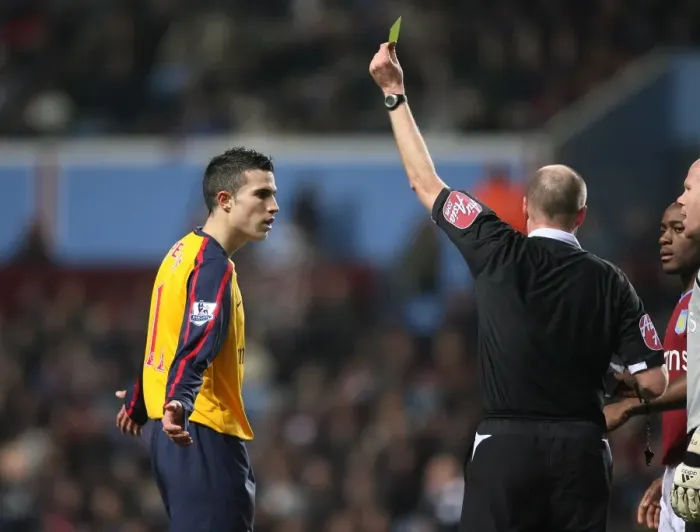Framed Print : Robin van Persie (Arsenal) is booked by referee Lee Mason Framed Print : Robin van Persie (Arsenal) is booked by referee Lee Mason