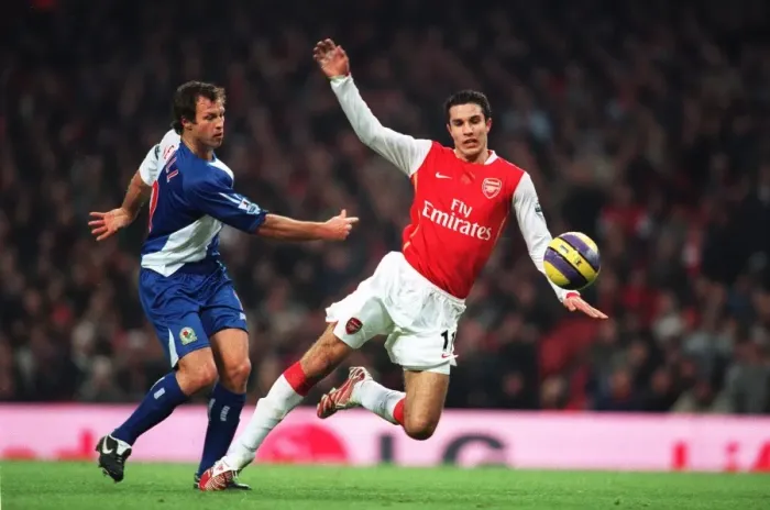 Framed Print : Robin van Persie (Arsenal) is fouled by Lucas Neill (Blackburn) for the penalty