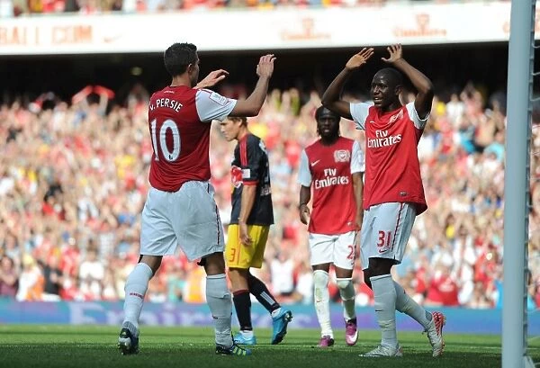 Robin van Persie and Benik Afobe Celebrate Goal for Arsenal Against New York Red Bulls - Emirates Cup 2011