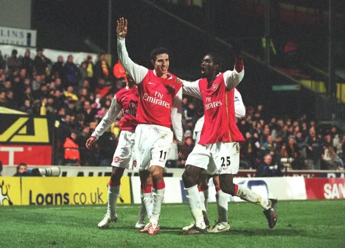 Framed Print : Robin van Persie celebrates scoring the 2nd Arsenal goal with Emmanuel Adebayor Framed Print : Robin van Persie celebrates scoring the 2nd Arsenal goal with Emmanuel Adebayor