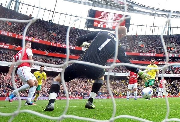 Robin van Persie scores his 1st goal for Arsenal past John Ruddy (Norwich)