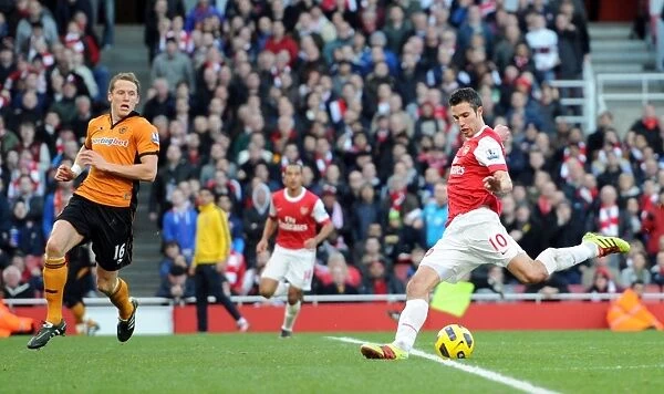 Robin van Persie scores his and Arsenals 2nd goal under pressure from Christophe Berra