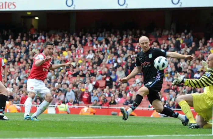 Framed Print : Robin van Persie scores Arsenals goal past James Collins (Villa). Arsenal 1 Framed Print : Robin van Persie scores Arsenals goal past James Collins (Villa). Arsenal 1