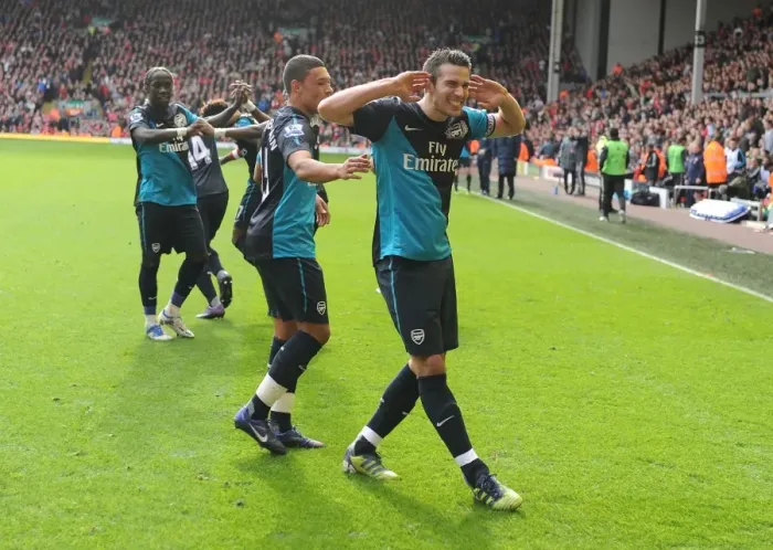 Framed Print : Robin van Persie Scores the Second Goal: Liverpool vs. Arsenal, Premier League 2011-12