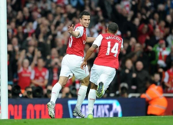 Robin van Persie and Theo Walcott Celebrate Arsenal's First Goal in 3:0 Victory over West Bromwich Albion, Premier League, Emirates Stadium (2011)