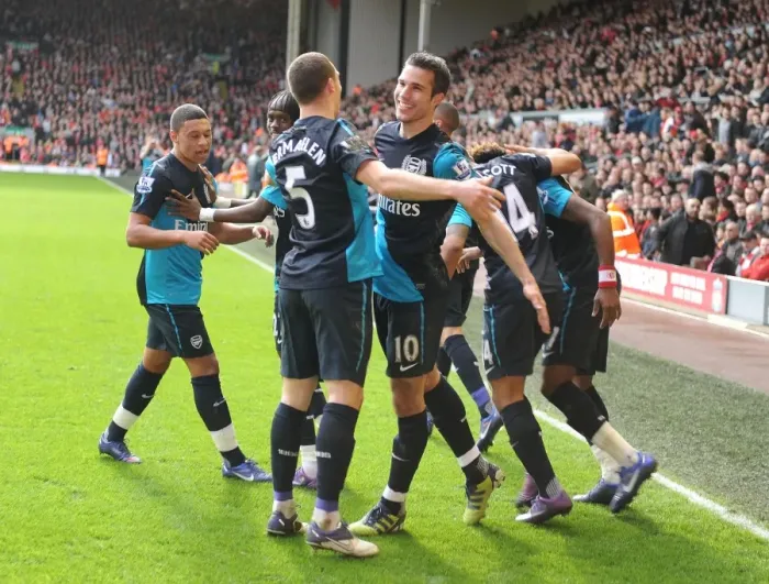 Framed Print : Robin van Persie and Thomas Vermaelen Celebrate Arsenal's Goals Against Liverpool (2011-12) Framed Print : Robin van Persie and Thomas Vermaelen Celebrate Arsenal's Goals Against Liverpool (2011-12)