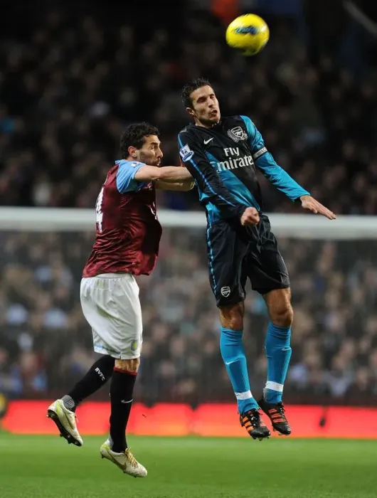 Framed Print : Robin van Persie vs Carlos Cuellar: Heading Battle at Villa Park, 2011-12 Premier League