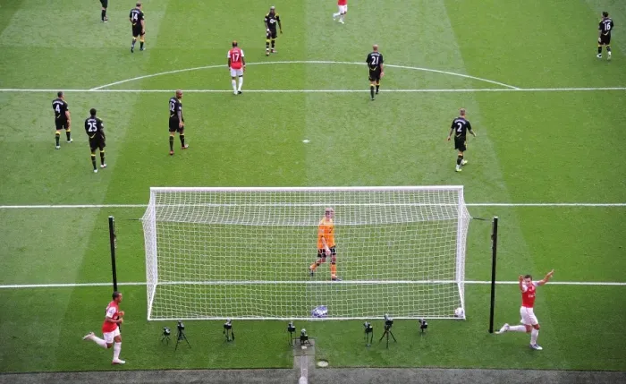Framed Print : Robin van Persie's Double: Arsenal's Centurion Celebrates 100th Goal vs. Bolton Wanderers (2011-12)