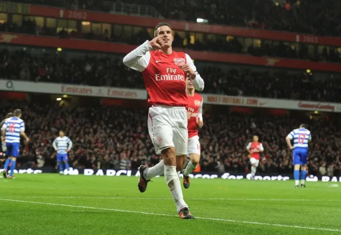 Framed Print : Robin van Persie's Euphoric Goal Celebration: Arsenal vs. Queens Park Rangers, Premier League 2011-12