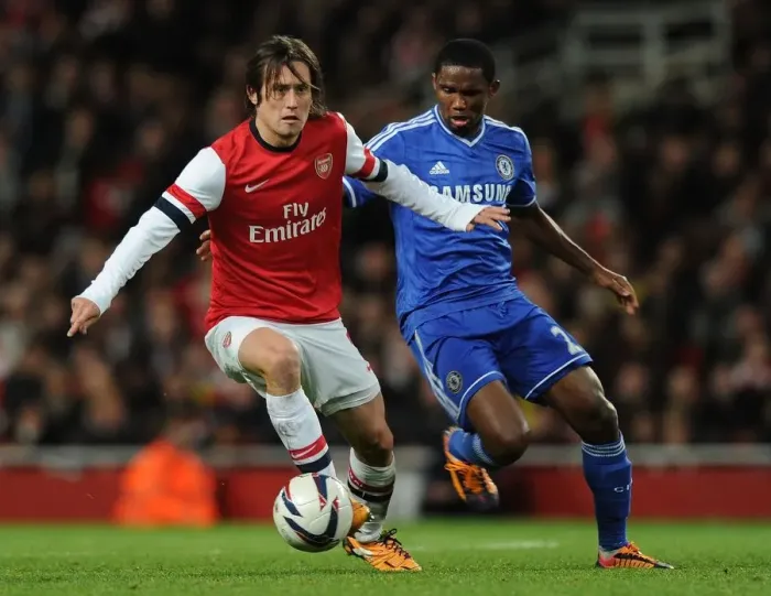 Framed Print : Rosicky Outwits Eto'o: Thrilling Capital One Cup Showdown Between Arsenal and Chelsea Framed Print : Rosicky Outwits Eto'o: Thrilling Capital One Cup Showdown Between Arsenal and Chelsea