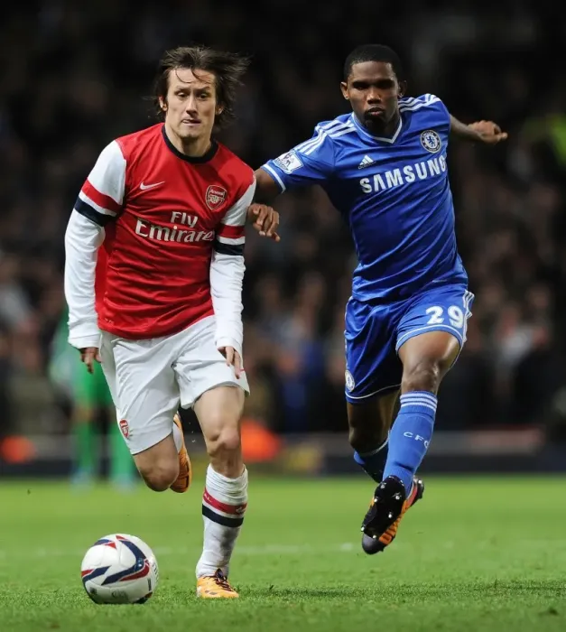 Framed Print : Rosicky's Maze: Outsmarting Eto'o in the Capital One Cup Showdown Framed Print : Rosicky's Maze: Outsmarting Eto'o in the Capital One Cup Showdown